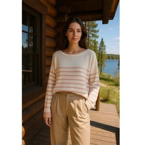 THE GREAT Peach Striped Cotton Knit Boatneck Pullover Cropped Sailor Sweater L